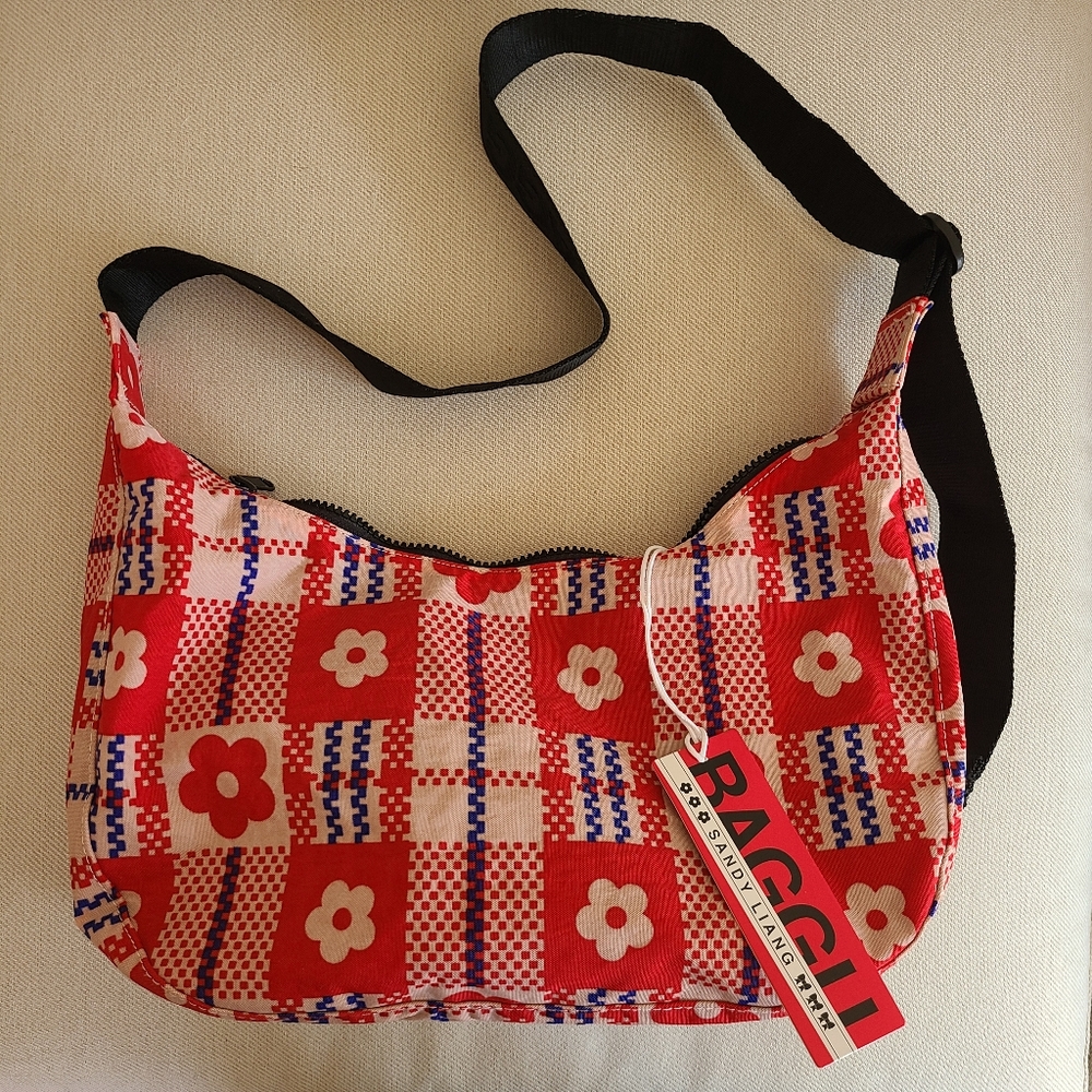 Sandy Liang x BAGGU Medium Nylon Crescent Bag Flower Market Plaid NWT